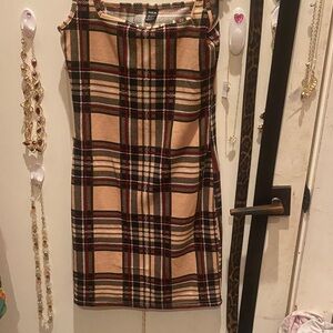 SHEIN Tan, Black & Red Plaid Sleeveless Shift Dress